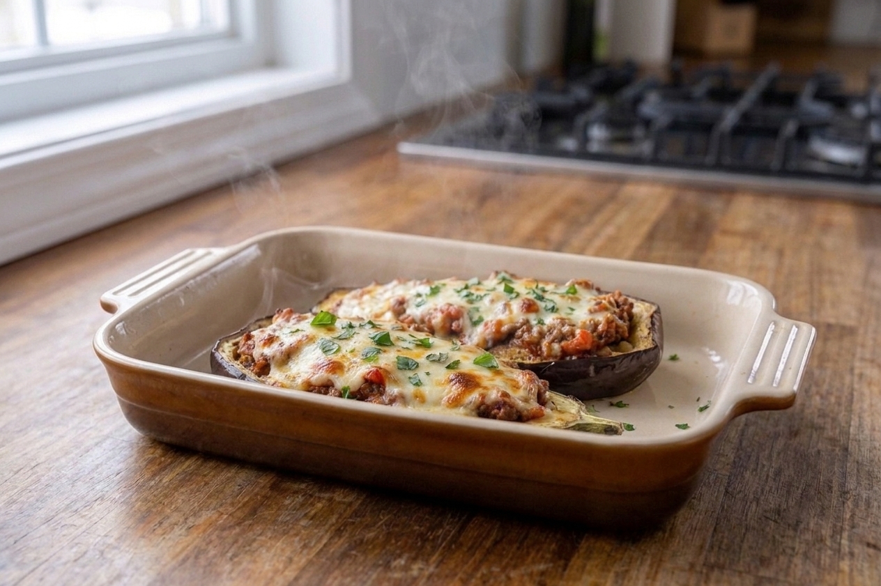 A baking dish of stuffed eggplant halves topped with bubbling melted mozzarella and chopped parsley on a warm kitchen counter