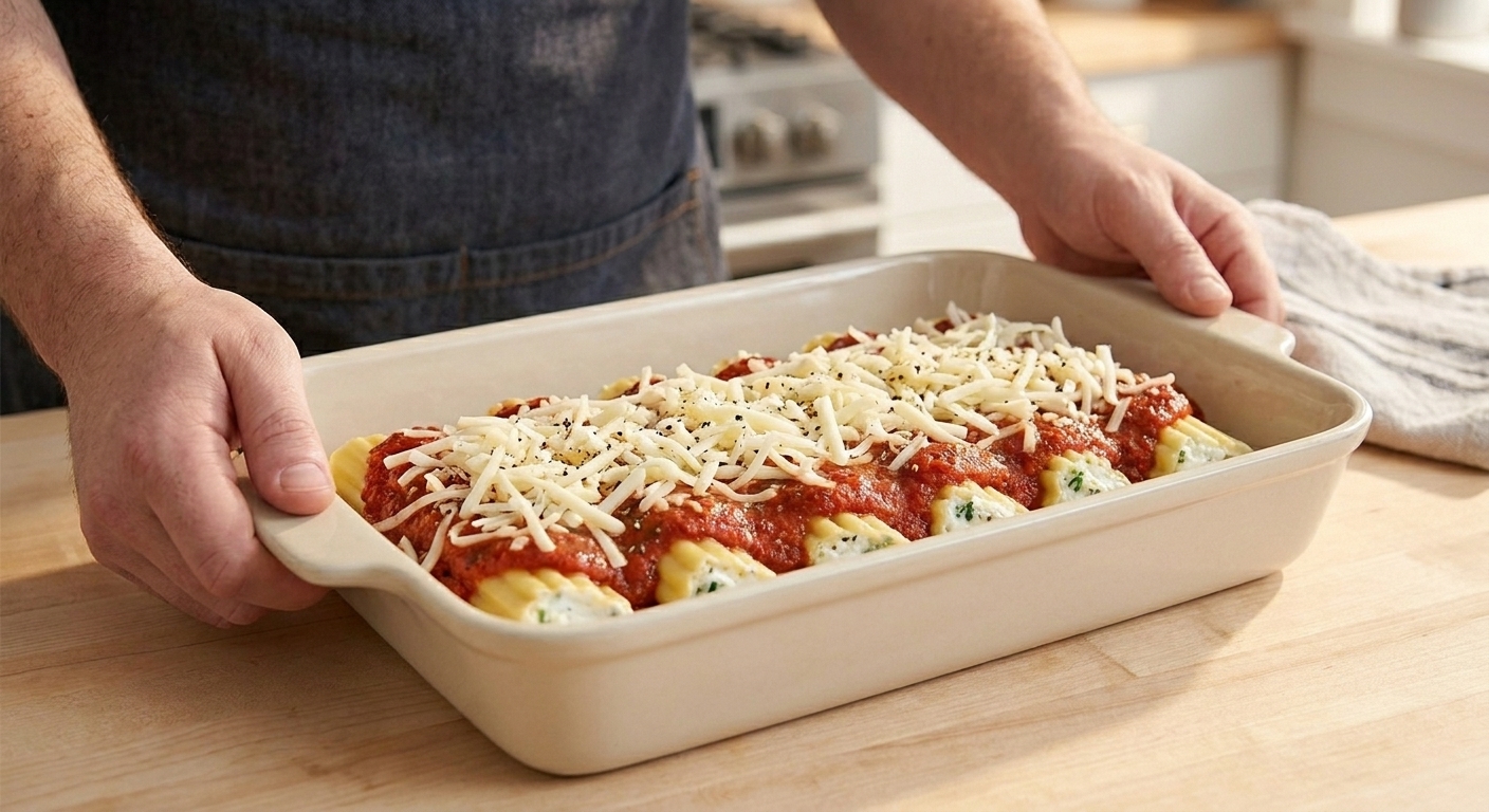 A baking dish of stuffed manicotti arranged in rows, covered with marinara sauce and sprinkled with mozzarella, ready to go into the oven
