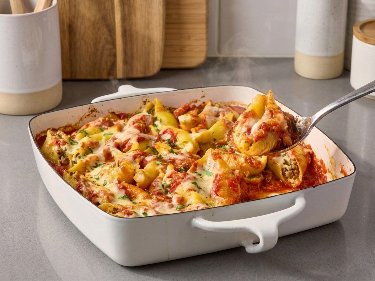 A baking dish of stuffed shells fresh from the oven with bubbling marinara and melted golden mozzarella