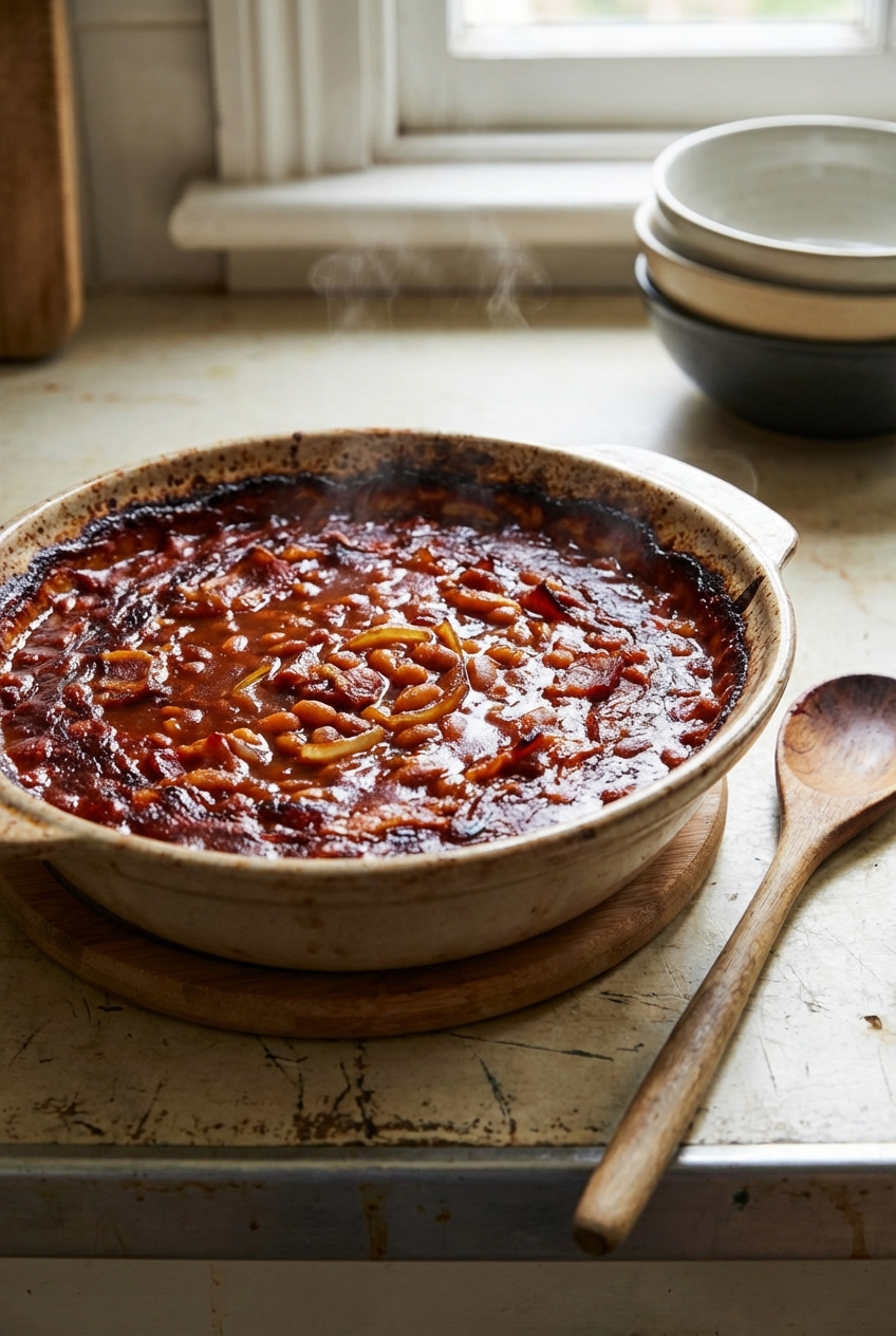 A baking dish of sweet and smoky baked beans fresh out of the oven with caramelized edges