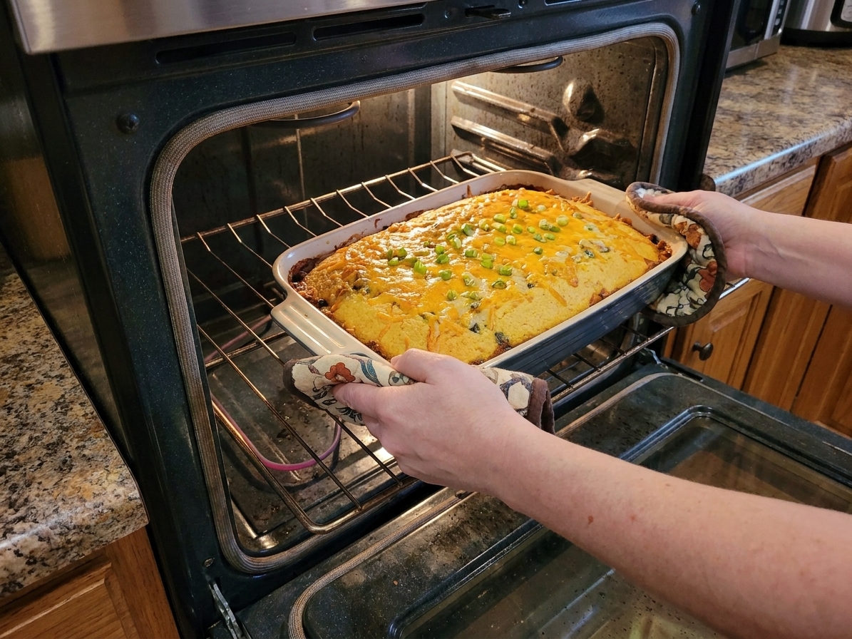 A baking dish of tamale pie with cornbread topping going into an oven on a home kitchen rack