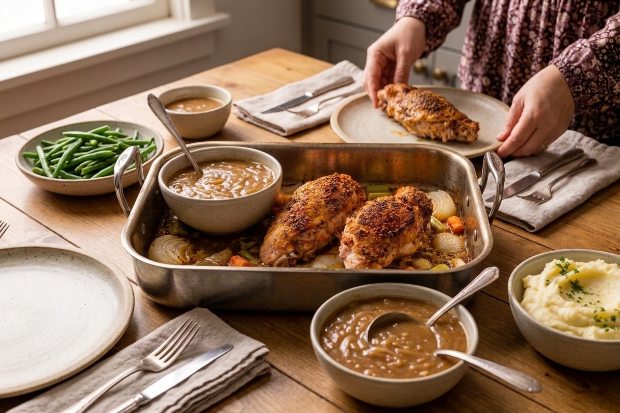 A baking dish of turkey wings with gravy surrounded by simple side dishes on a table