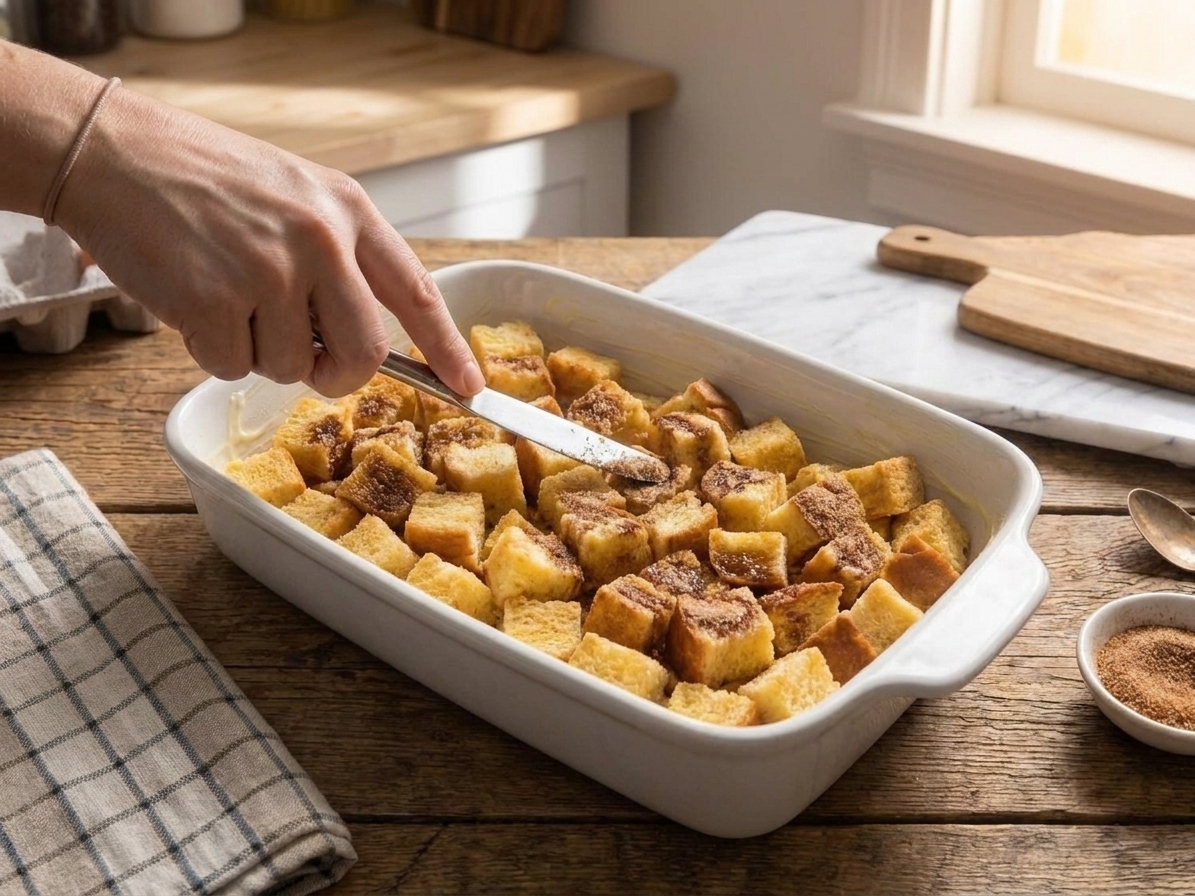 A baking dish of unbaked French toast casserole with cinnamon sugar mixture dotted over the top, a knife swirling it gently