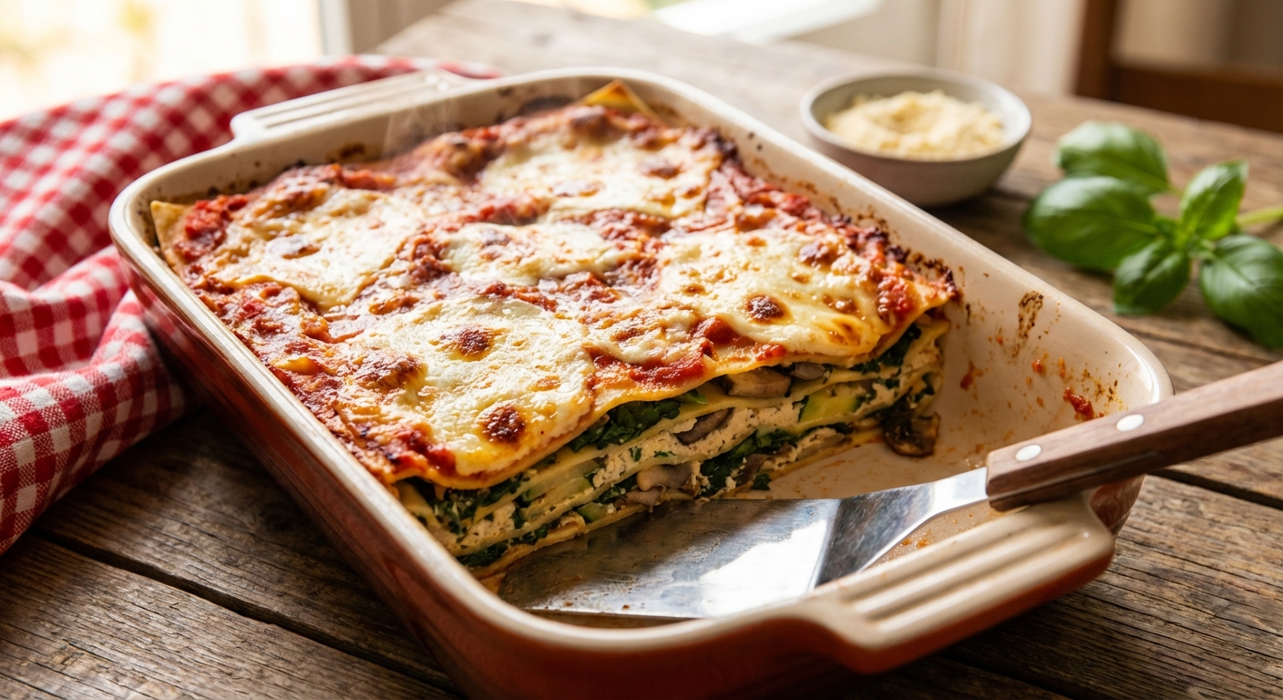 A baking dish of vegan lasagna just out of the oven with golden brown spots on top and a serving spatula tucked into one corner