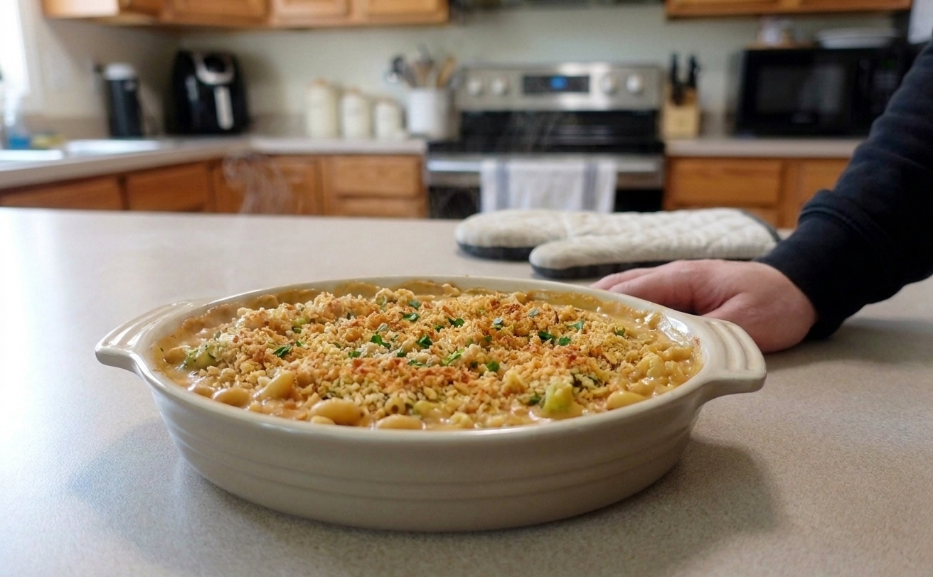 A baking dish of vegan mac and cheese with a golden breadcrumb topping just out of the oven on a kitchen counter