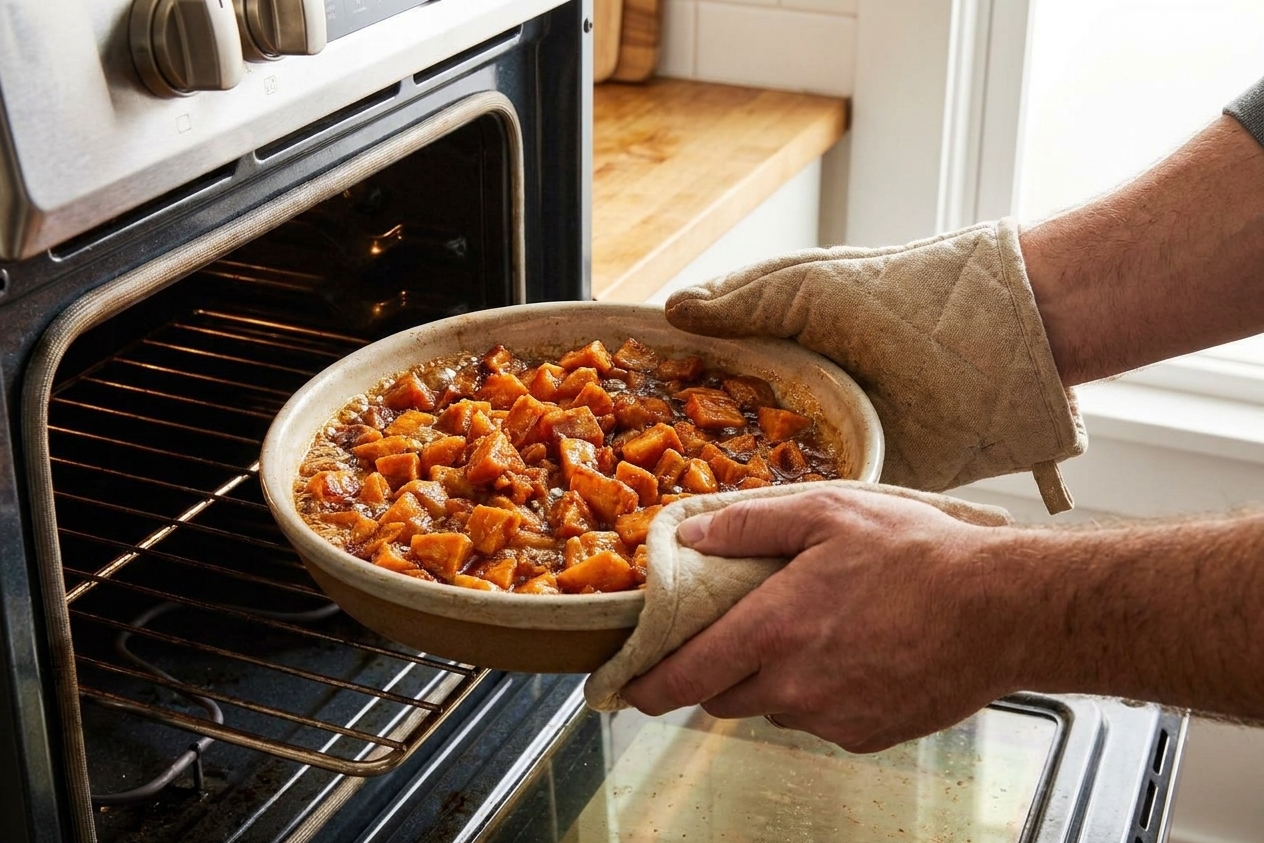 A baking dish of yams in a bubbling brown sugar butter glaze being placed into an oven