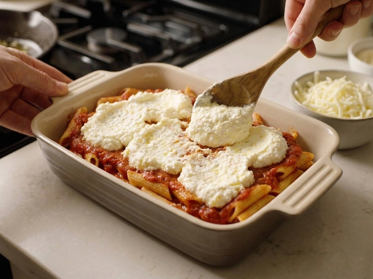 A baking dish on a counter with sauced ziti being layered with dollops of ricotta mixture before topping with shredded cheese