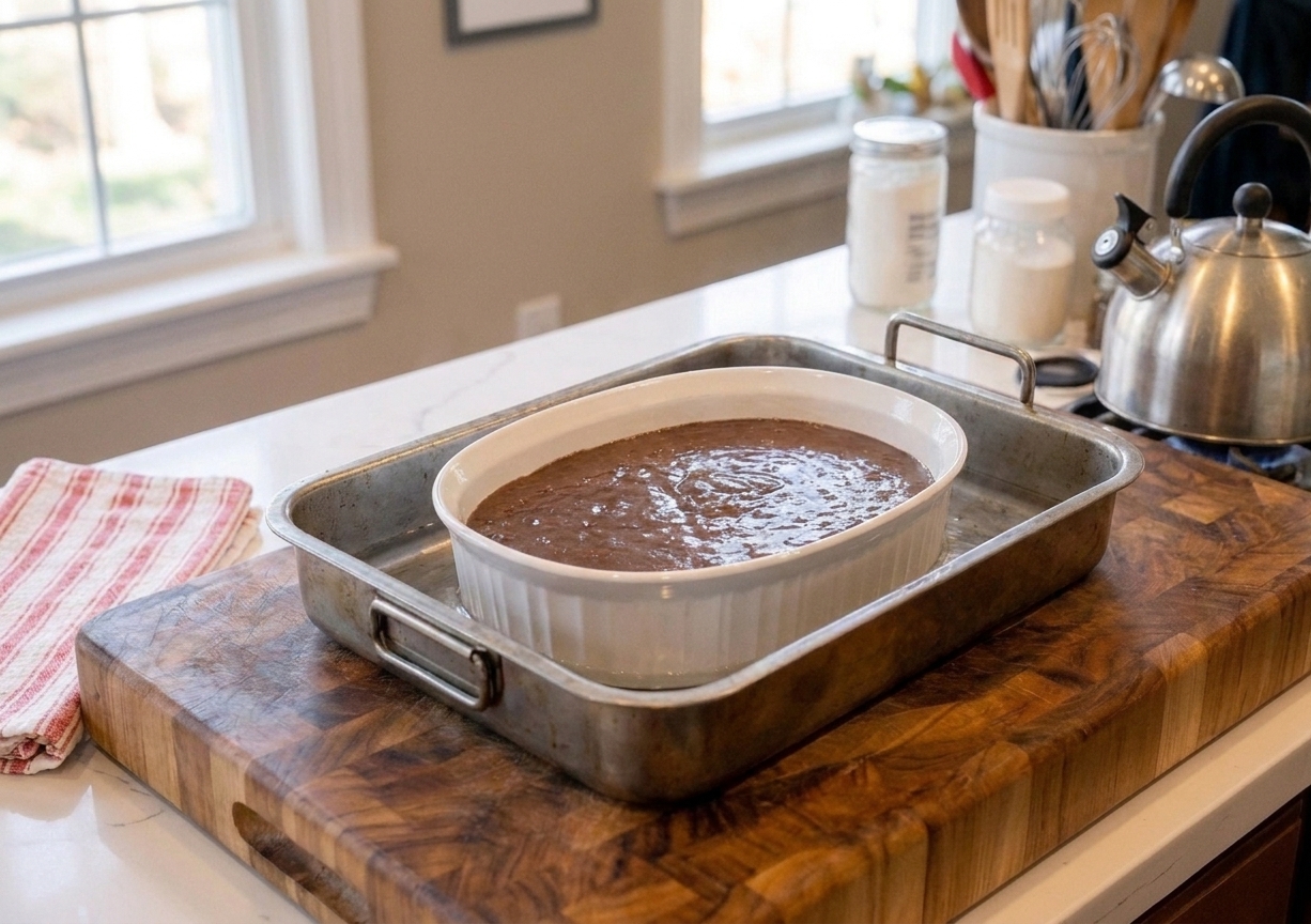 A baking dish set inside a large roasting pan ready for a hot water bath on a clean kitchen counter