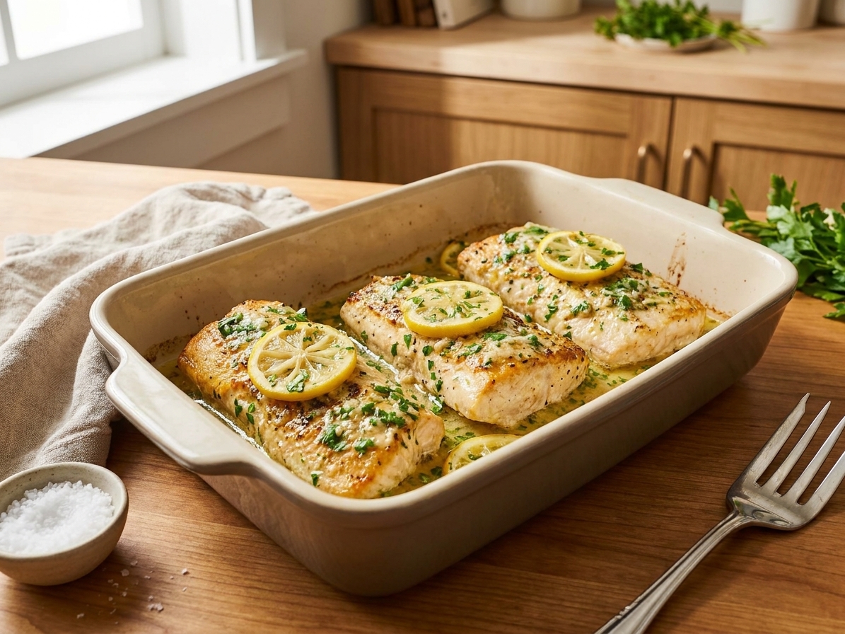 A baking dish with baked mahi mahi fillets topped with melted lemon-garlic butter and parsley, photographed on a warm kitchen counter with soft natural light