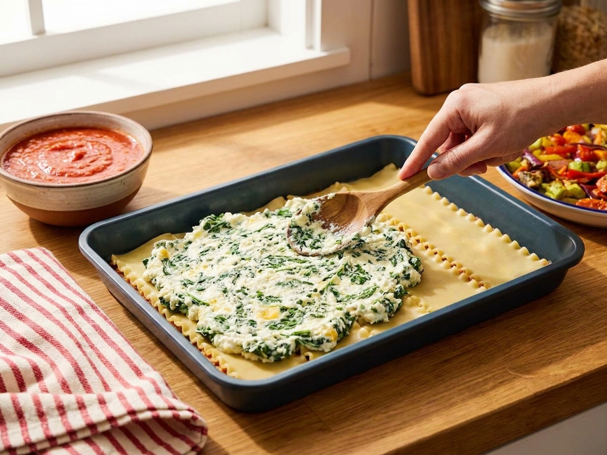 A baking dish with lasagna noodles, ricotta mixture, roasted vegetables, and sauce being layered on a kitchen counter