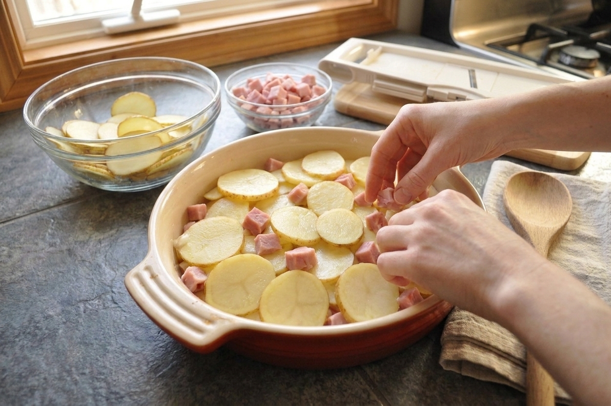 A baking dish with neatly layered potato slices and diced ham being assembled on a kitchen counter