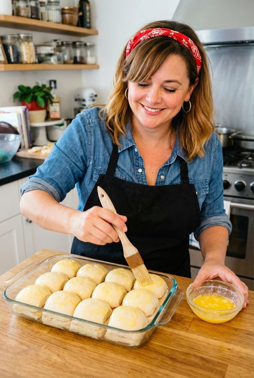A baking dish with sliders being brushed with melted butter glaze before baking