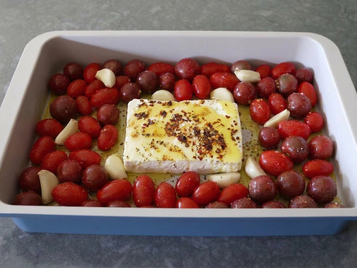 A baking dish with tomatoes and feta drizzled with olive oil and sprinkled with salt and pepper, ready to go into the oven