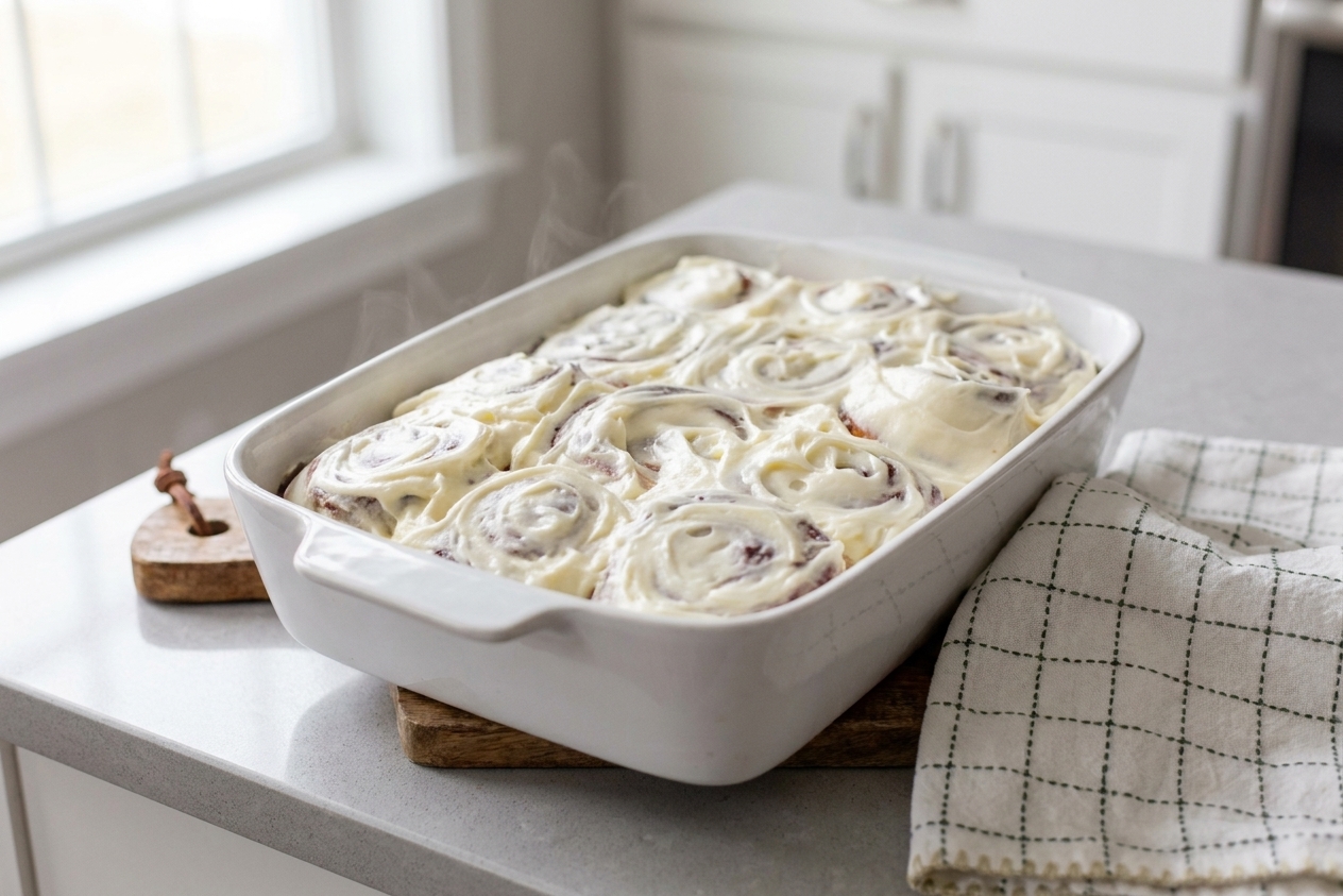 A baking pan filled with freshly baked cinnamon rolls cooling on a kitchen counter