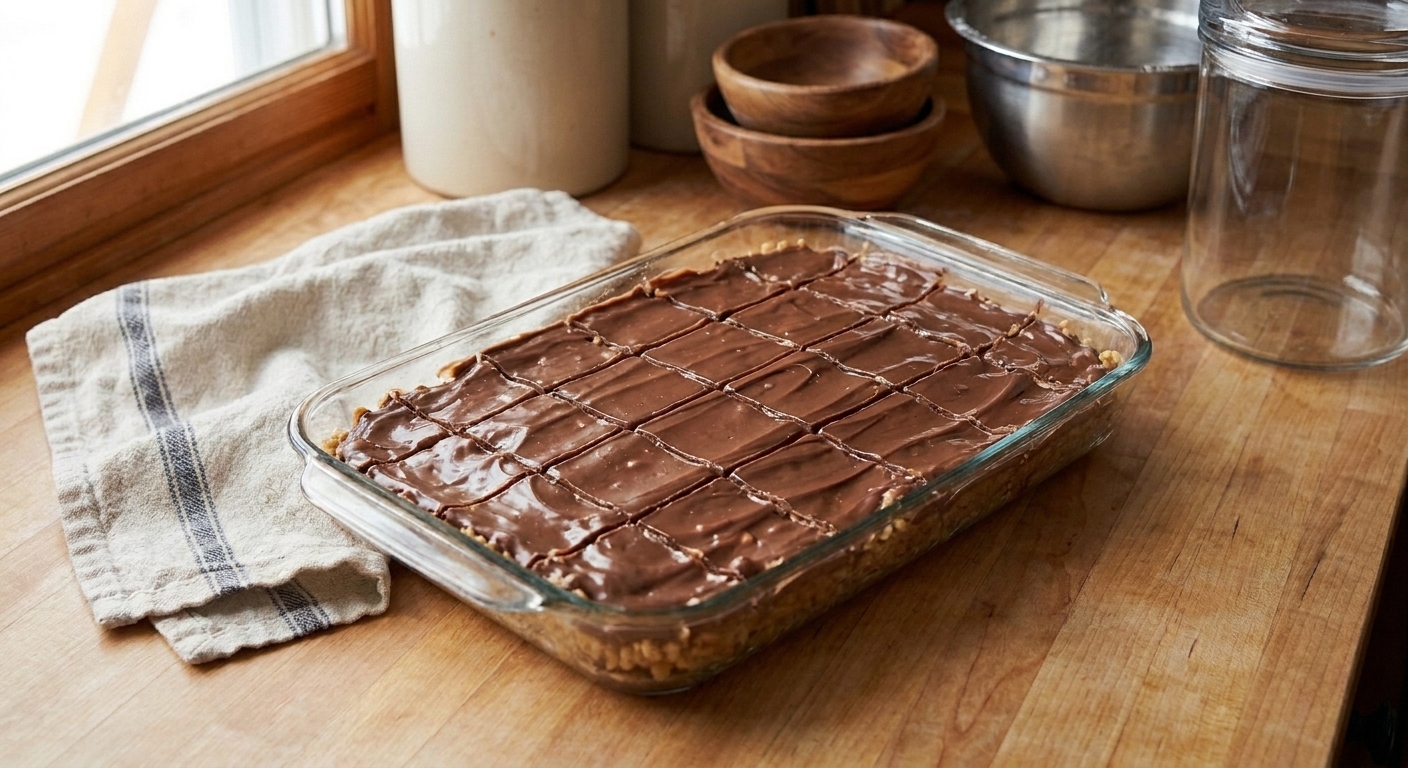 A baking pan filled with scotcharoos cut into neat squares, showing a thick glossy chocolate butterscotch top layer over chewy peanut butter rice cereal bars on a bright kitchen counter