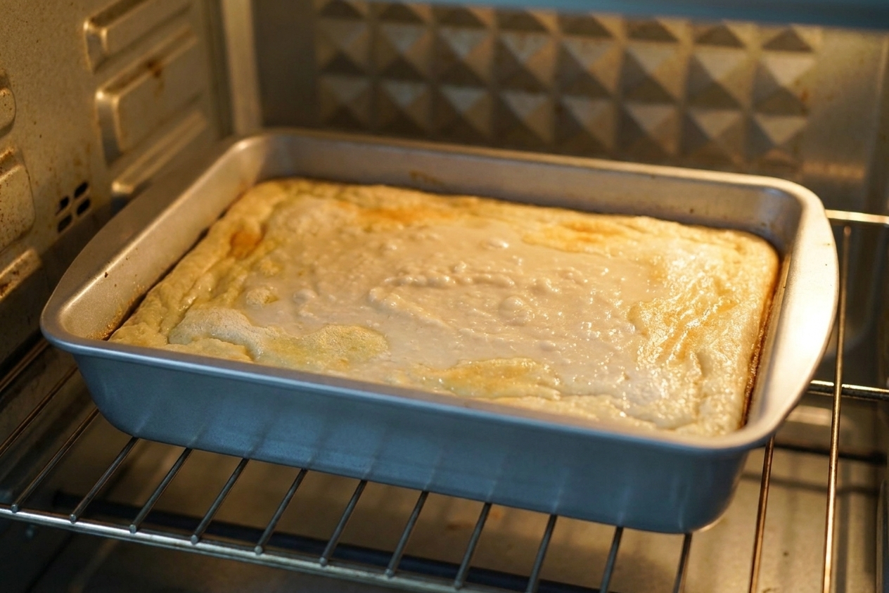 A baking pan of cassava cake in the oven with the top beginning to set and the edges turning pale golden