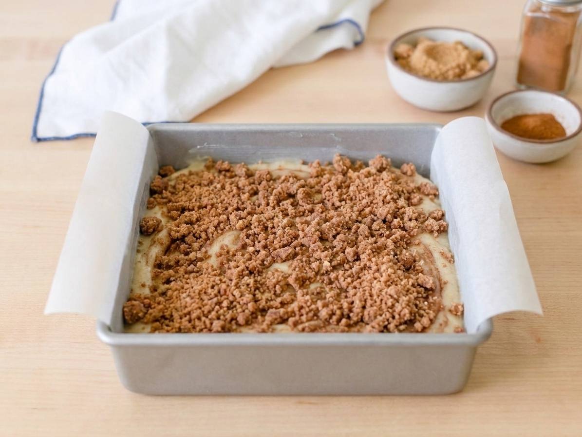 A baking pan with a layer of thick batter topped with an even sprinkle of cinnamon streusel, ready for the next layer