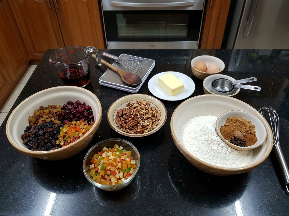 A baking setup on a kitchen counter with bowls of dried fruit, candied citrus peel, chopped nuts, flour, eggs, butter, and spices measured out