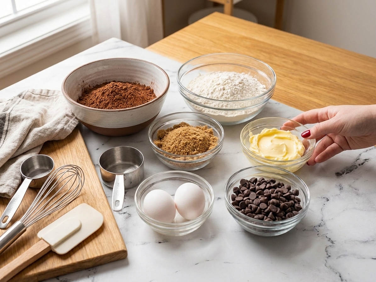 A baking setup on a kitchen counter with bowls of cocoa powder, flour, brown sugar, eggs, butter, and chocolate chips measured and ready