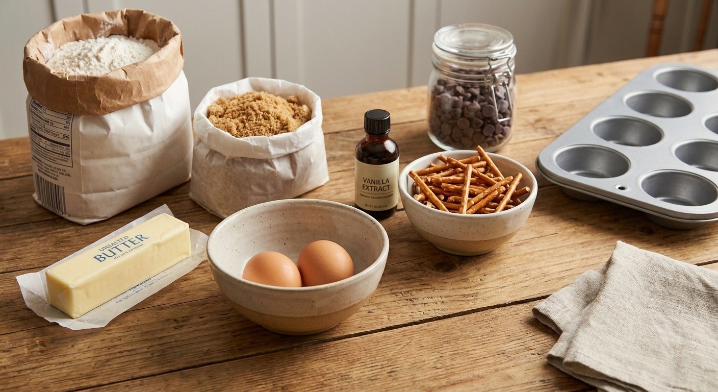 A baking setup on a kitchen counter with flour, brown sugar, butter, eggs, vanilla, mini pretzel sticks, chocolate chips, and a muffin tin ready to use