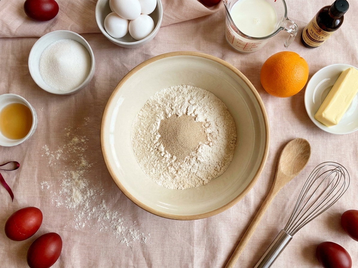 A baking setup on a kitchen counter with flour, sugar, yeast, eggs, milk, butter, orange, vanilla, and a mixing bowl ready for Easter bread