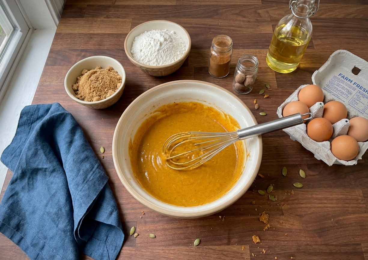 A baking setup on a kitchen counter with pumpkin puree, bowls of flour and sugar, cinnamon and nutmeg, eggs, and oil arranged ready for mixing