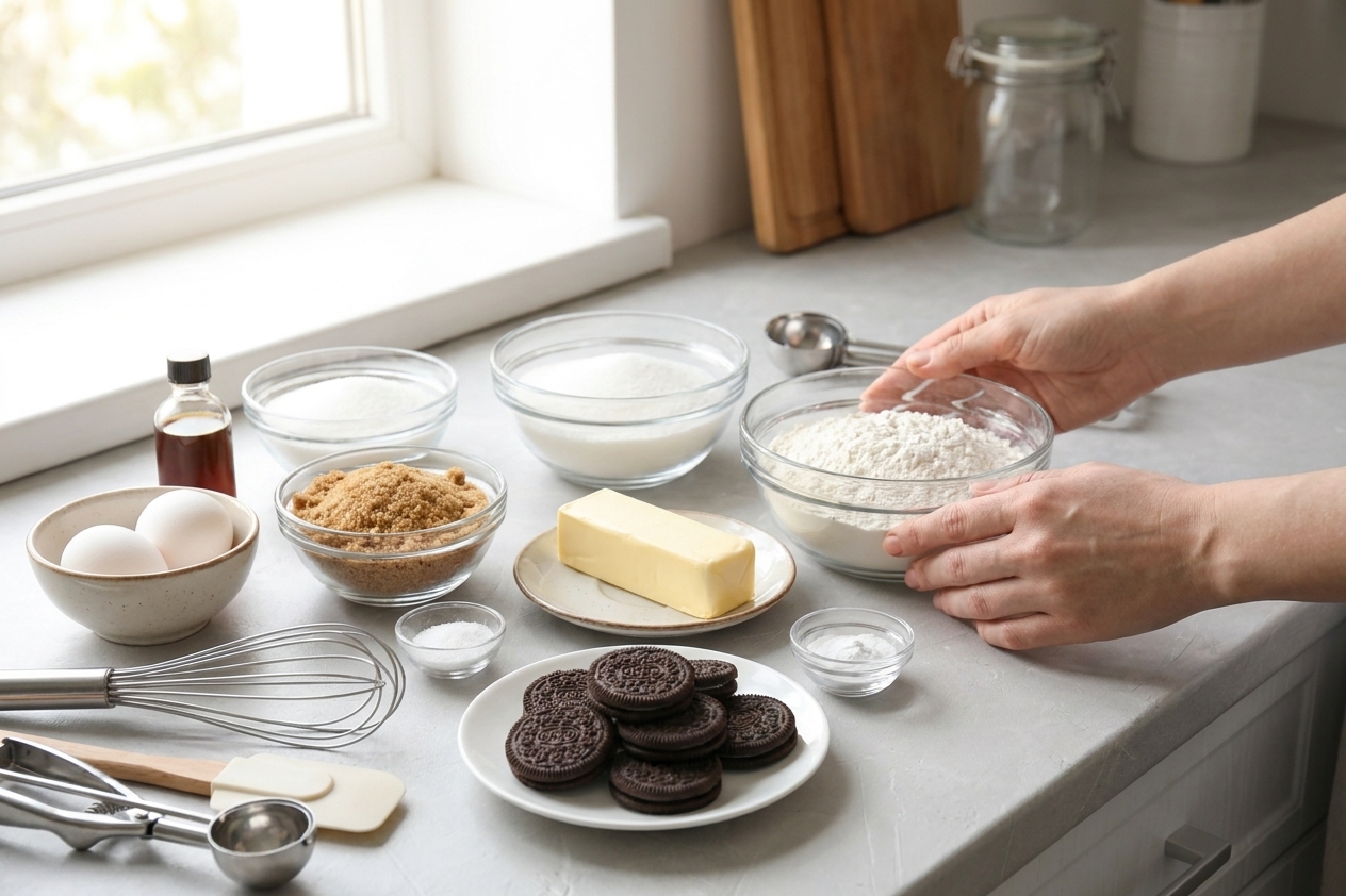 A baking setup with flour, sugar, brown sugar, butter, eggs, vanilla, baking soda, salt, and a plate of Oreo cookies arranged on a clean kitchen counter