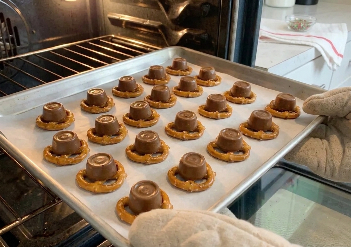 A baking sheet being pulled from the oven with pretzels topped with slightly softened Rolos, the chocolate looking shiny but not melted flat