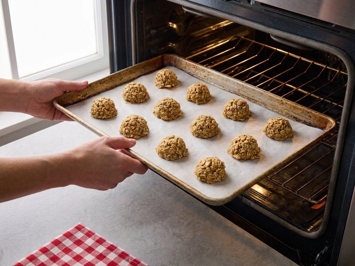 A baking sheet being slid into an oven