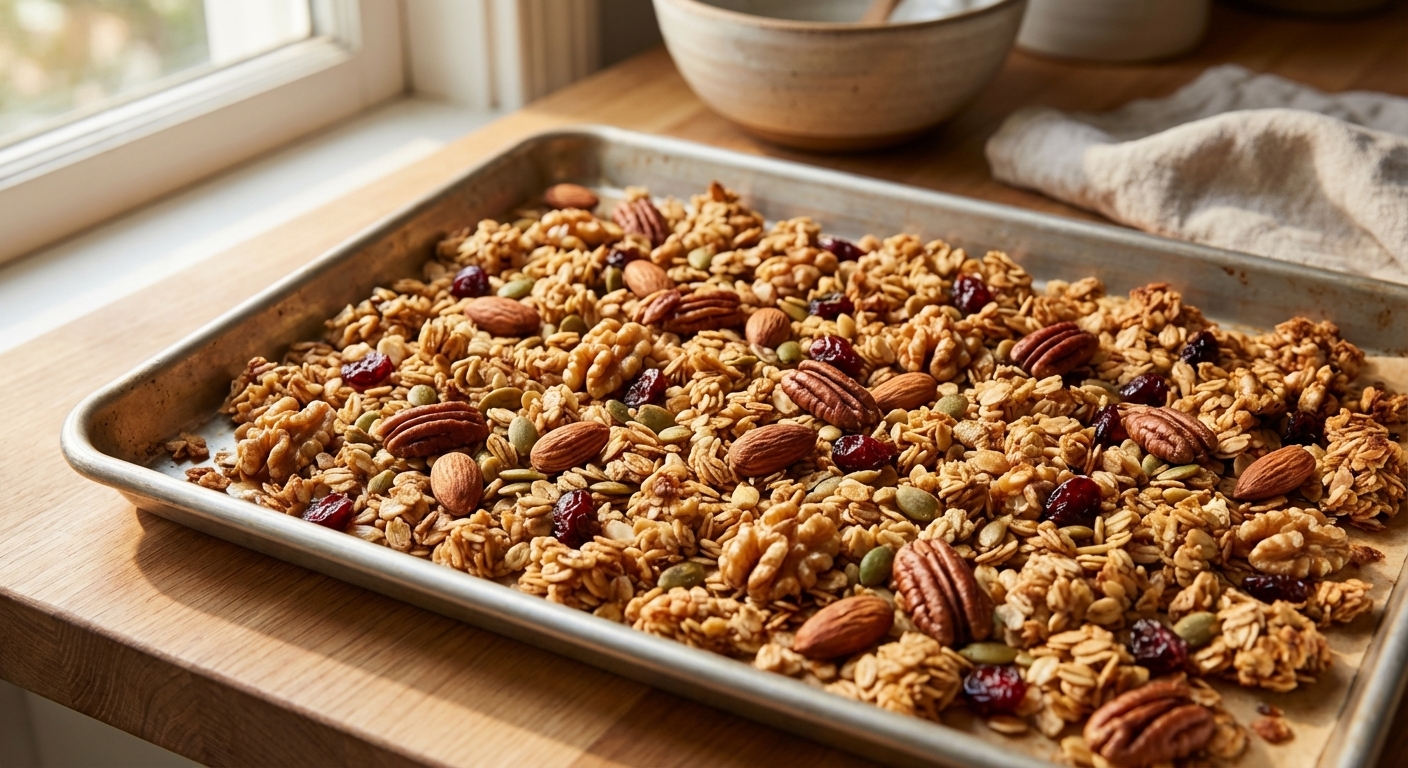 A baking sheet covered with golden brown homemade granola clusters with toasted nuts in warm natural kitchen light