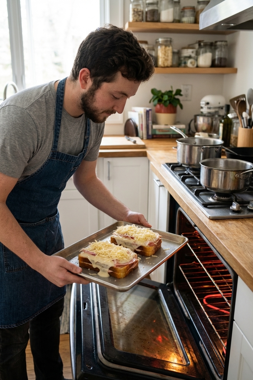 A baking sheet holding two open-faced Croque Madame sandwiches on brioche, topped with béchamel, ham, and shredded Gruyère, just before going under the broiler in a home kitchen