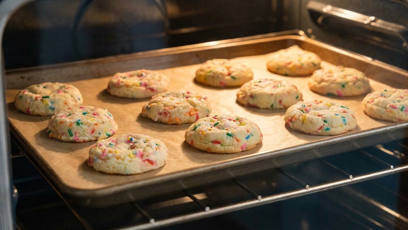 A baking sheet in an oven with cake mix cookies puffed and lightly golden around the edges