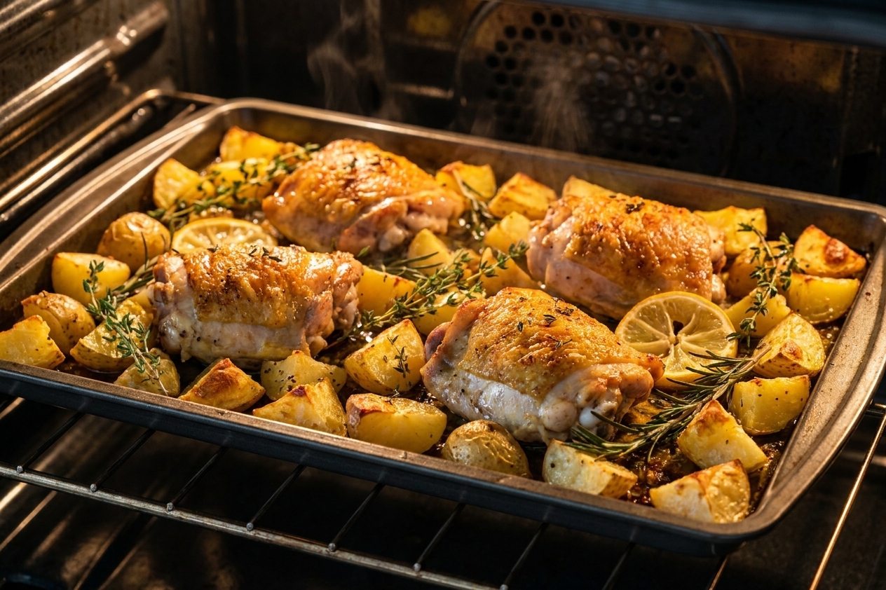 A baking sheet in an oven with chicken thighs roasting next to golden potatoes, with light browning visible on the edges