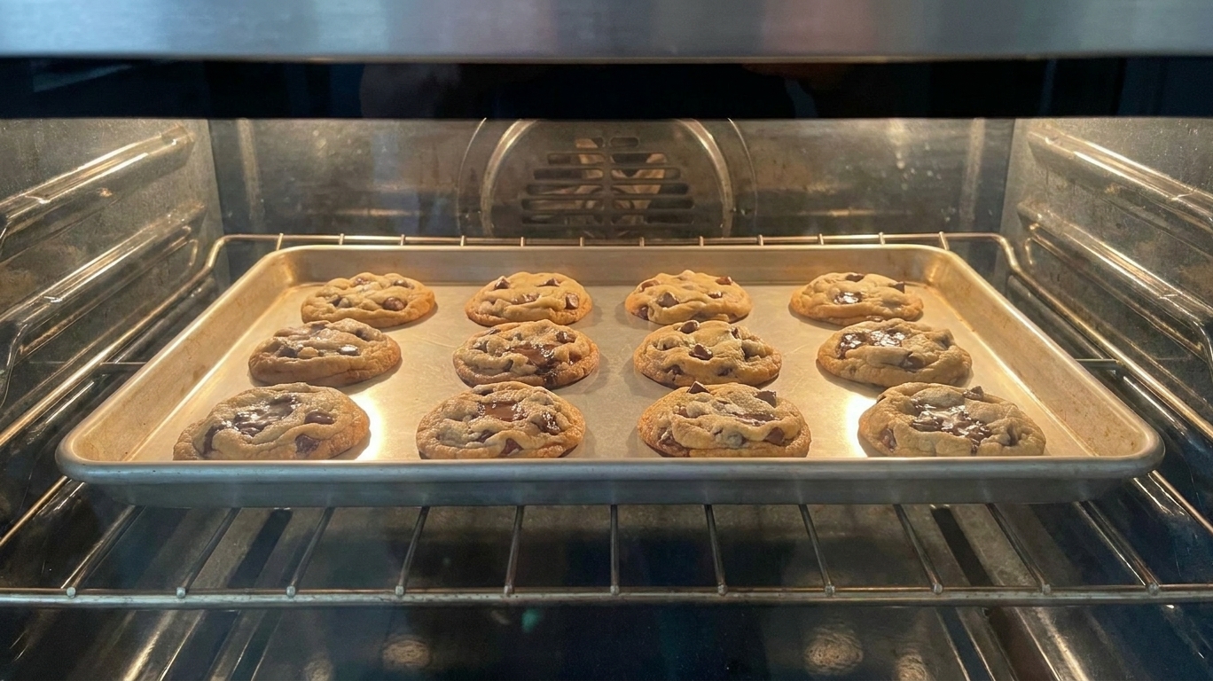 A baking sheet in an oven with chocolate chip cookies puffed and lightly golden at the edges, mid-bake