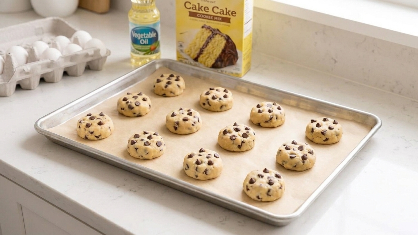 A baking sheet lined with parchment holding evenly spaced rounds of cake mix cookie dough ready to go into the oven