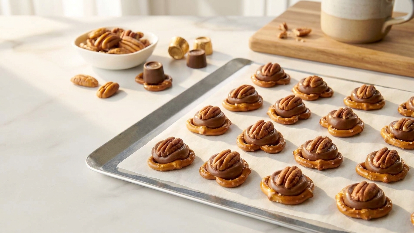 A baking sheet lined with parchment holding finished Rolo pretzel bites, each topped with a pressed pecan, set on a warm kitchen counter with soft natural light