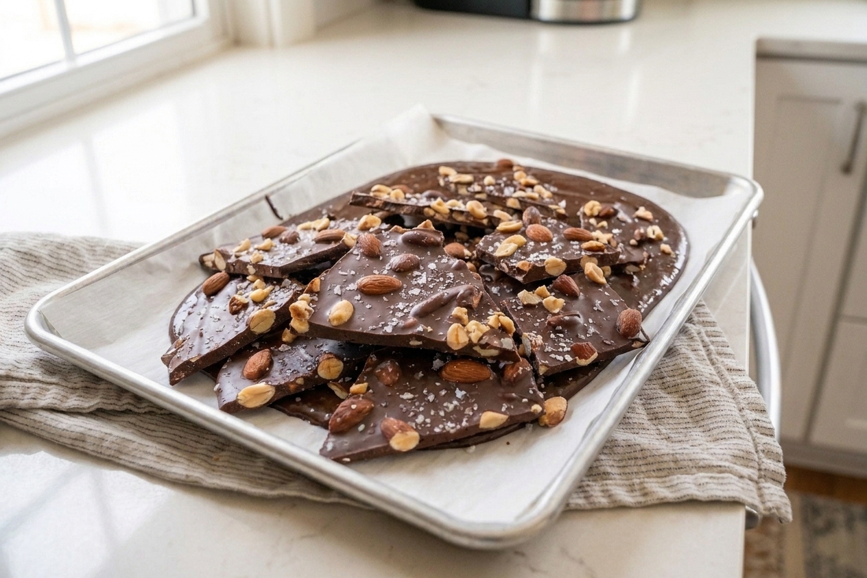 A baking sheet lined with parchment holding glossy cocoa bark scattered with chopped nuts and flaky salt on a bright kitchen counter