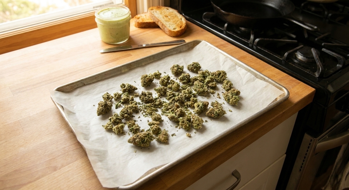 A baking sheet lined with parchment holding loosely broken cannabis buds, ready for decarb in an oven
