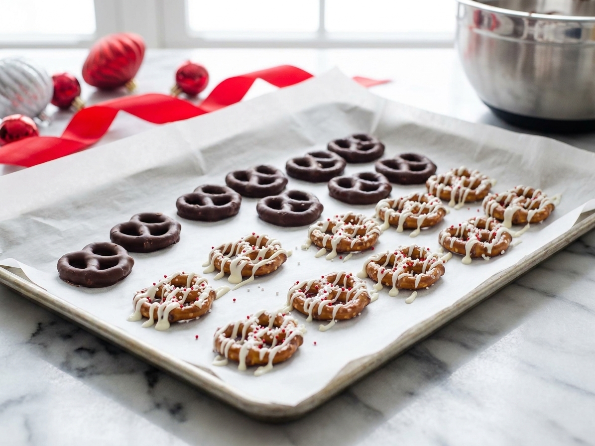 A baking sheet lined with parchment holding rows of chocolate covered pretzels, some drizzled with white chocolate and topped with sprinkles, on a bright kitchen counter
