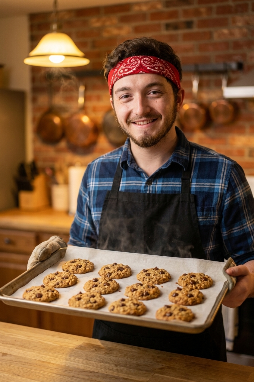 A baking sheet lined with parchment paper holding freshly baked banana oat cookies dotted with chocolate chips, warm golden color, cozy kitchen light, shallow depth of field