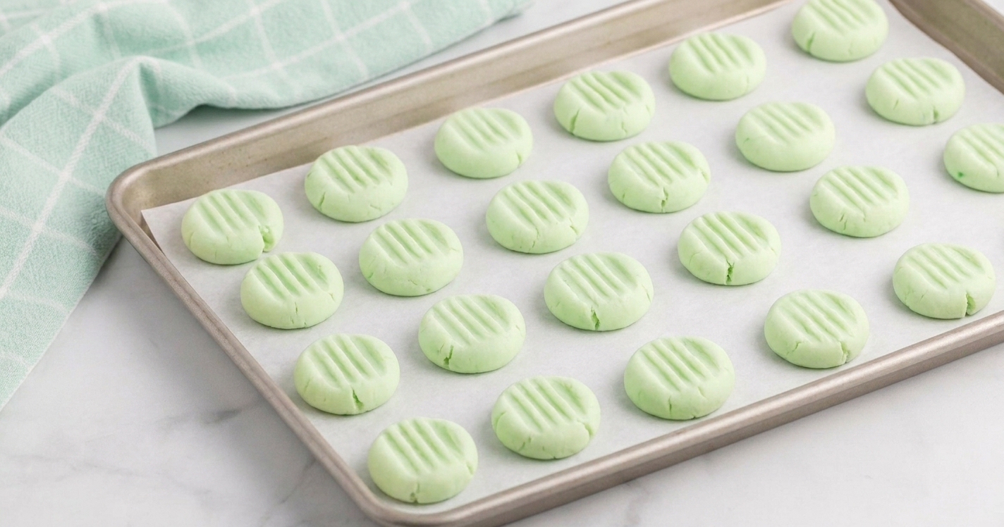 A baking sheet lined with parchment paper holding rows of pale green cream cheese mints, each pressed with a fork for a ridged pattern