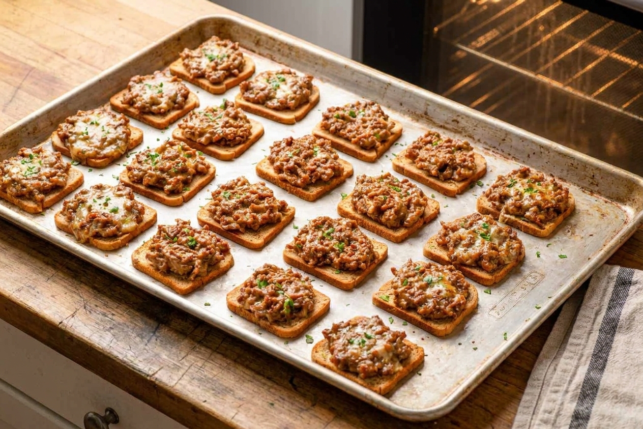A baking sheet lined with rye cocktail bread topped with bubbly sausage and cheese mixture, browned at the edges on a warm kitchen counter