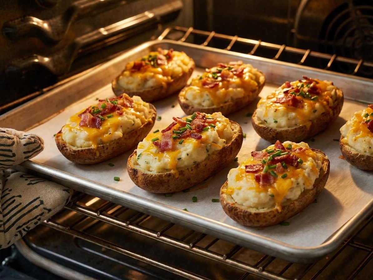 A baking sheet lined with stuffed potato skins filled with creamy potato mixture, ready to go back into the oven