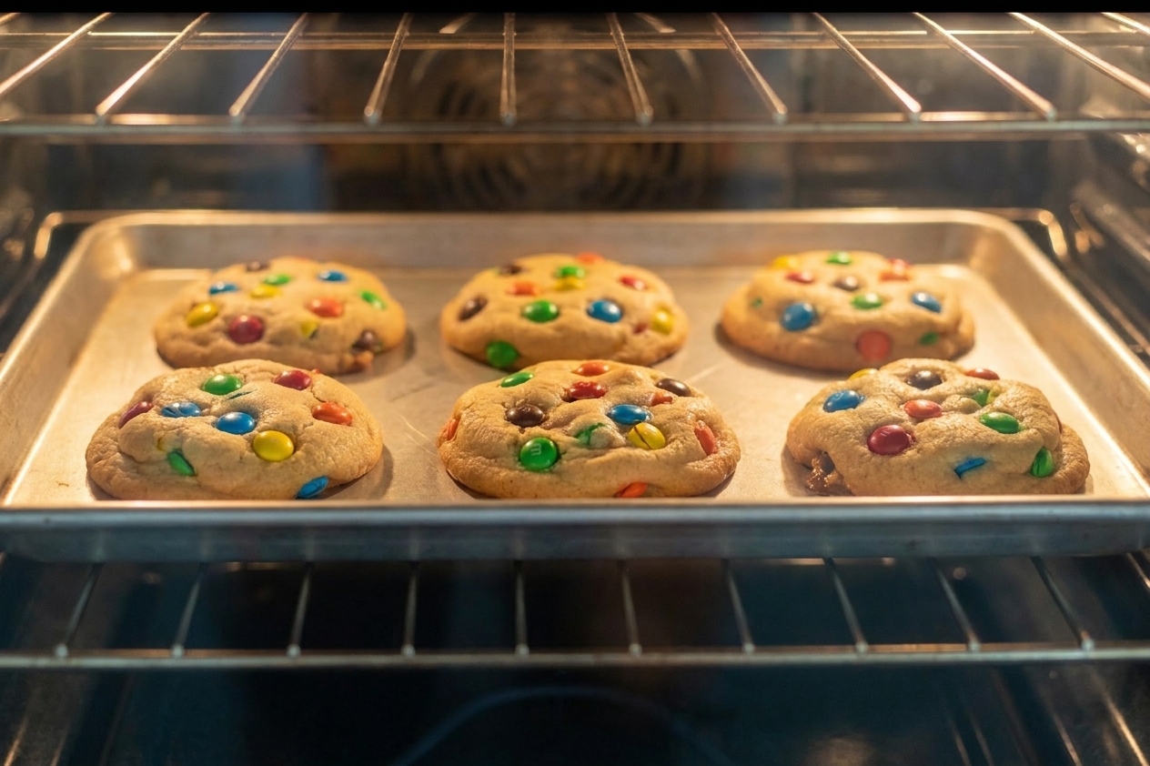 A baking sheet of M&M cookie dough rounds baking in an oven, cookies puffed with colorful candies visible