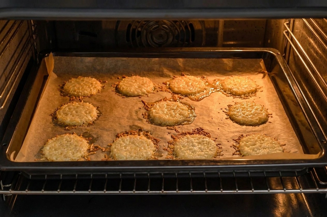 A baking sheet of Parmesan crisps turning golden as the cheese melts and bubbles