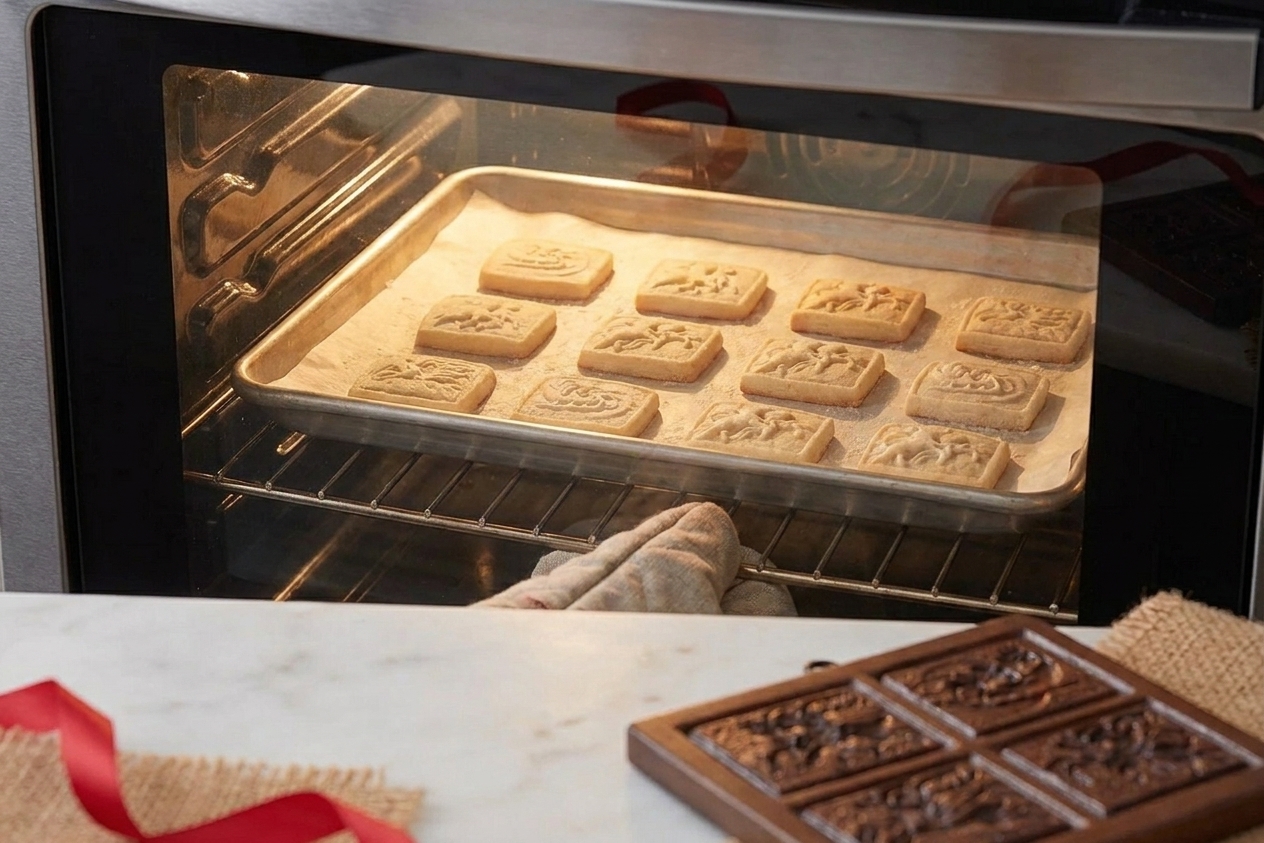 A baking sheet of Springerle cookies baking in an oven with pale tops and faintly golden bottoms