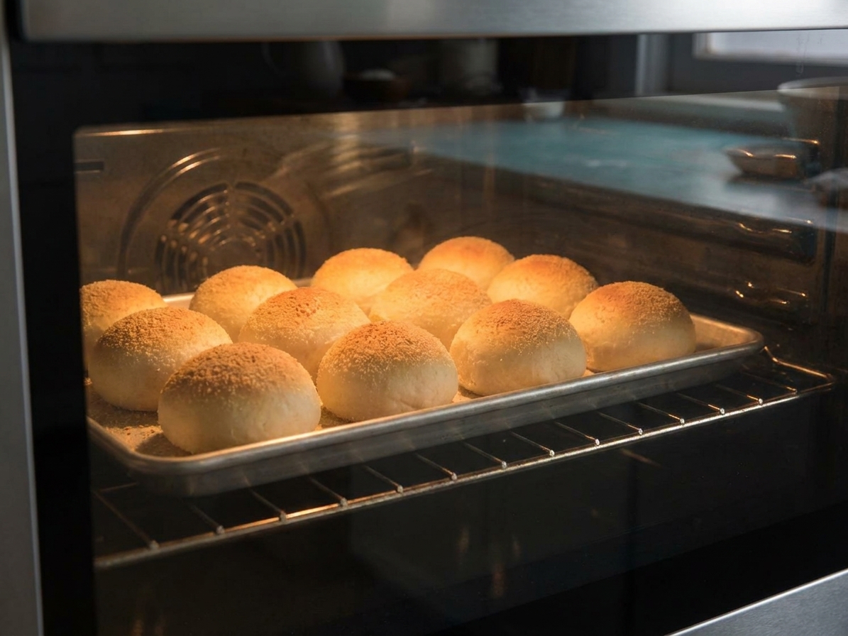 A baking sheet of breadcrumb-coated pandesal rolls baking in an oven, rolls puffed and just starting to turn golden