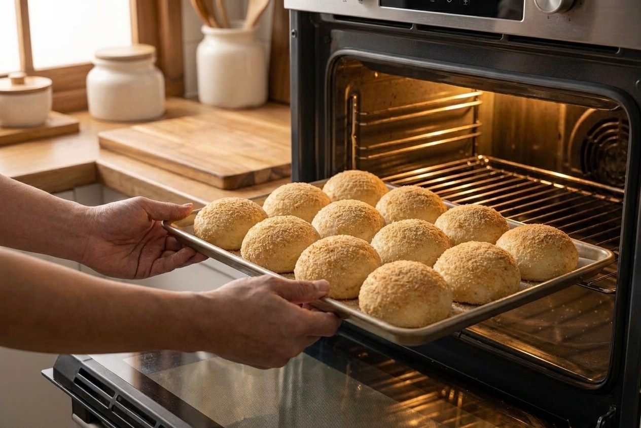 A baking sheet of breadcrumb coated pandesal rolls going into a home oven