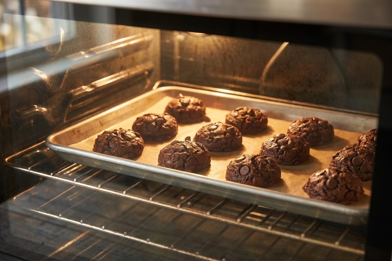 A baking sheet of brownie mix cookies on the middle rack of an oven as the tops begin to crackle
