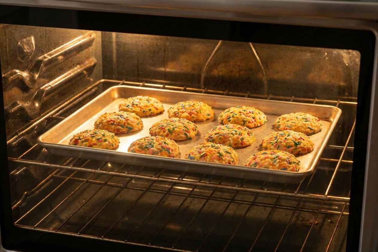 A baking sheet of cake mix cookies baking on the middle rack of an oven with the oven light on